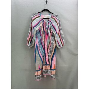 Lulalife Women Multicolor Light Cotton Striped Abstract Shirred Midi Dress Large